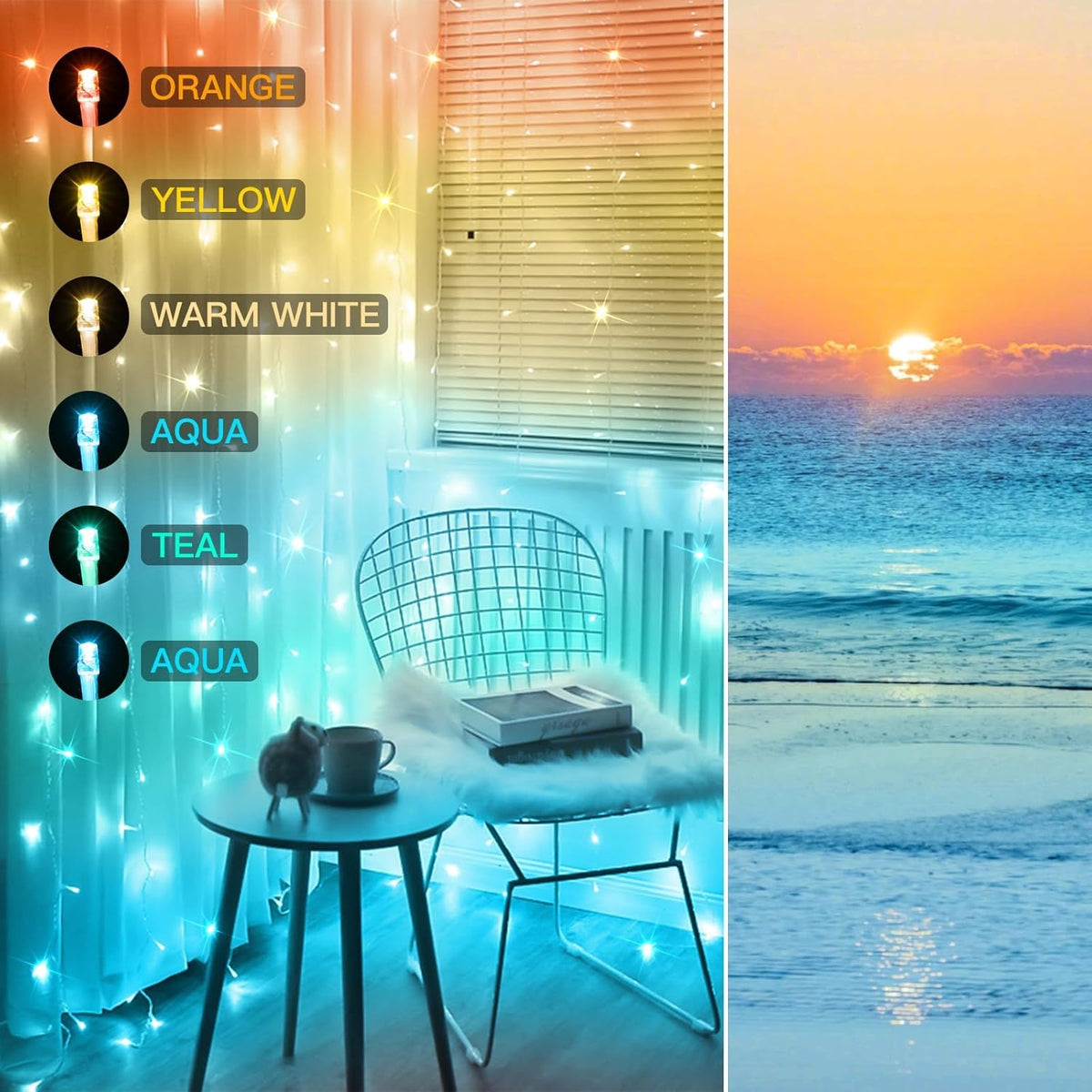 suddus Curtain Lights, 180 Led 6.5 * 5.9ft Sunset Curtain Fairy Lights USB, Hanging Lights for