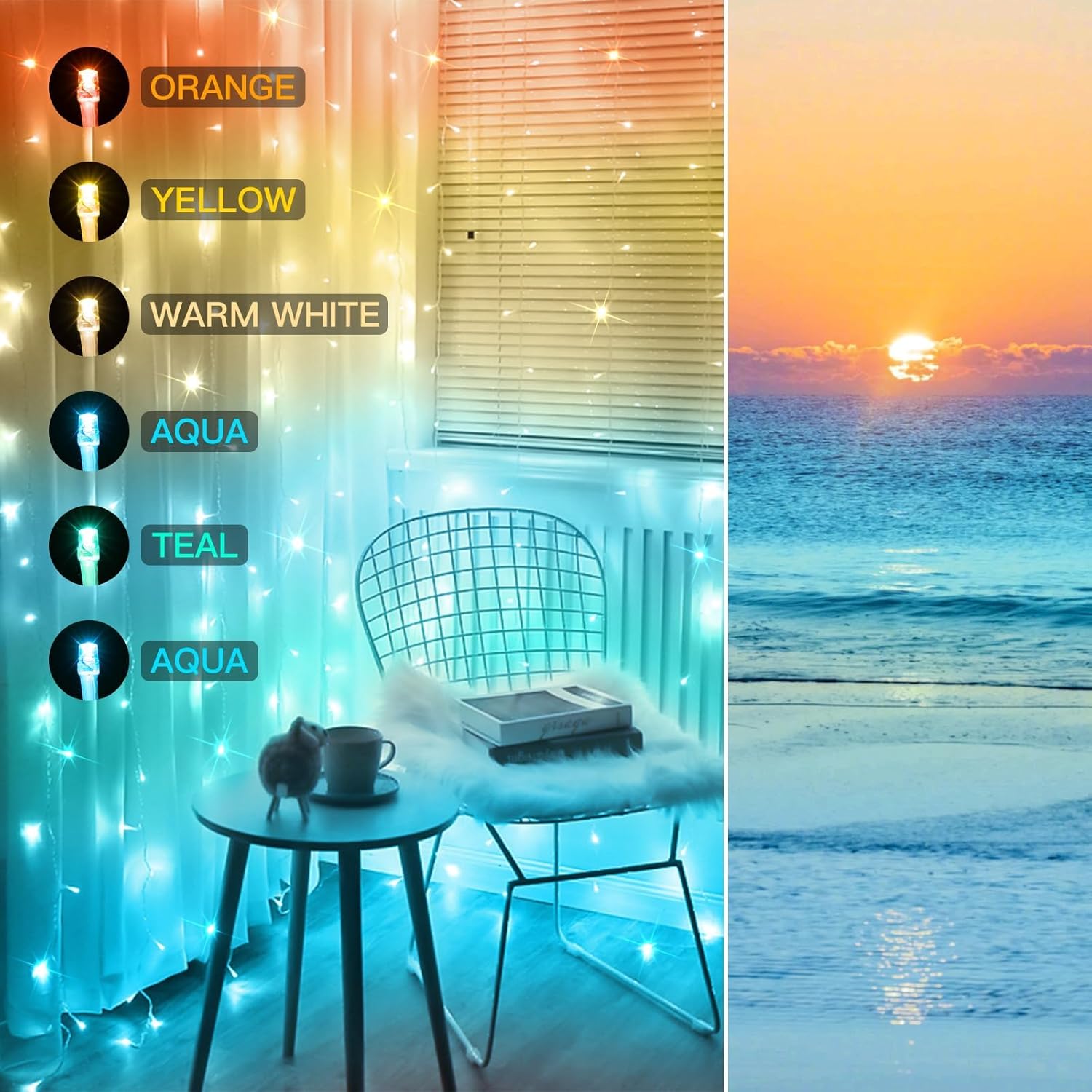 suddus Curtain Lights, 180 Led 6.5 * 5.9ft Sunset Curtain Fairy Lights USB, Hanging Lights for
