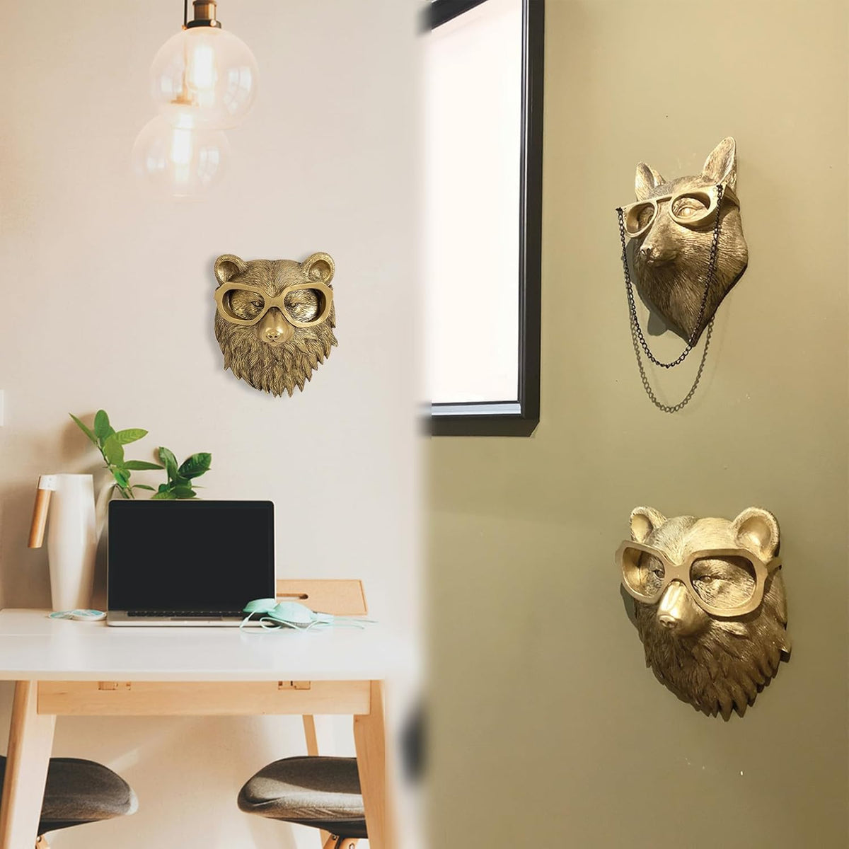 GUASDIE Animal Heads Wall Decor, Gold Vintage Decor Sculpture Resin Animal Head Wall Hanging Unique