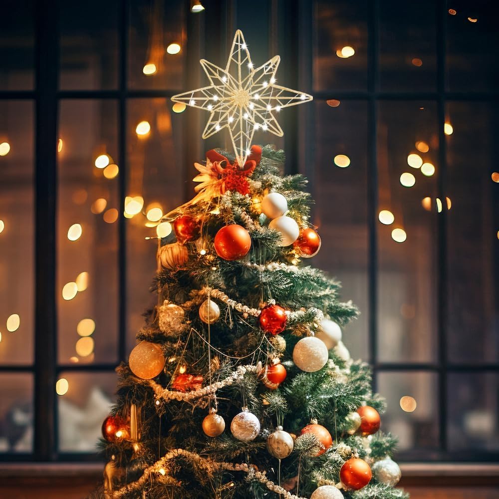 hogardeck Christmas Tree Topper, 11 Inches Lighted Gold Glittered 8-Point Star Tree Topper, 30 LED