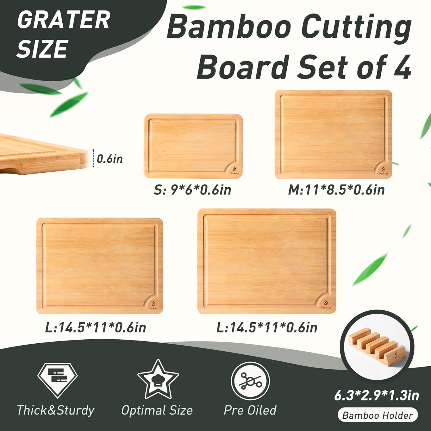 Bamboo Cutting Board Set Non Slip Feet with Holder Over Sink Adult Women Her Sister Aunt Wife