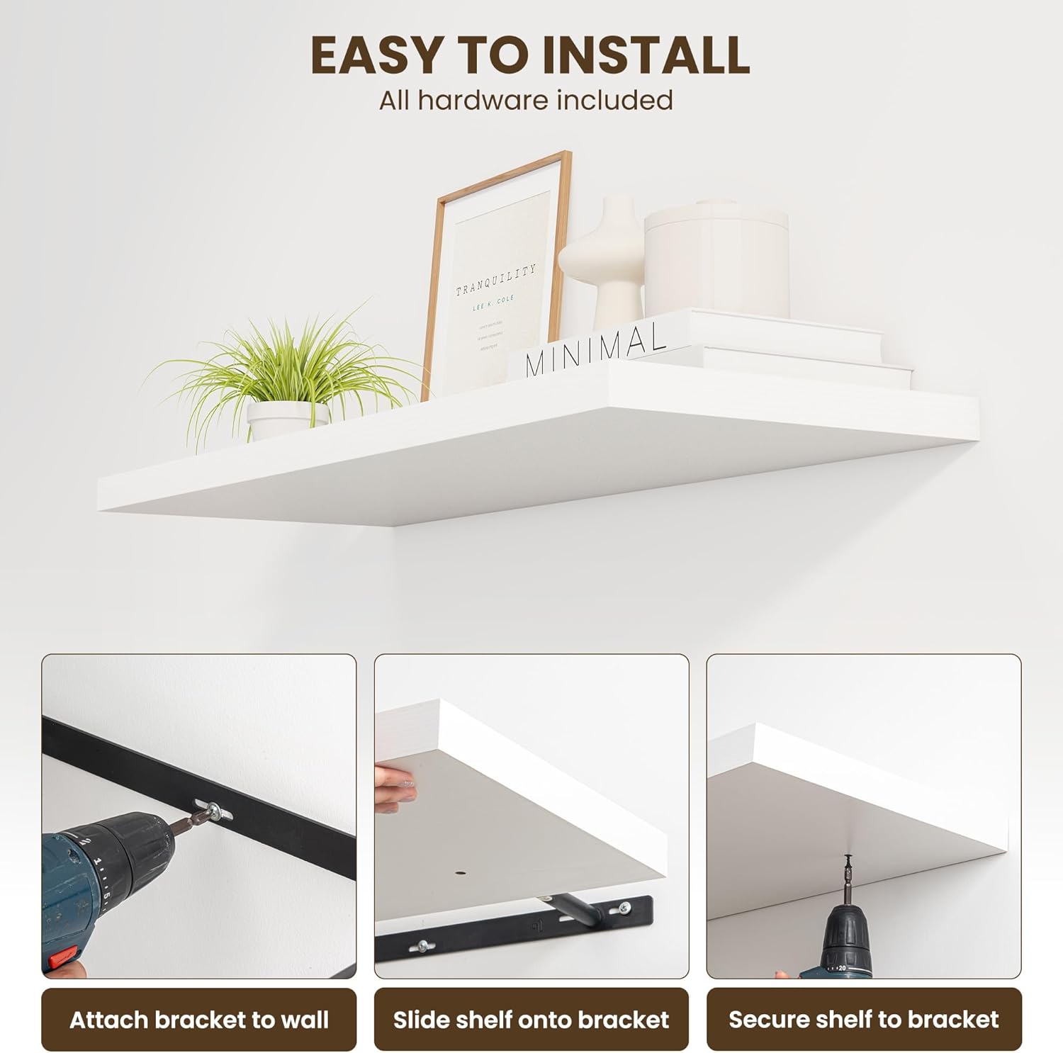 55" Floating Shelves for Wall, 12" Deep Slim White Floating Shelves, Wall-Mounted Shelves for