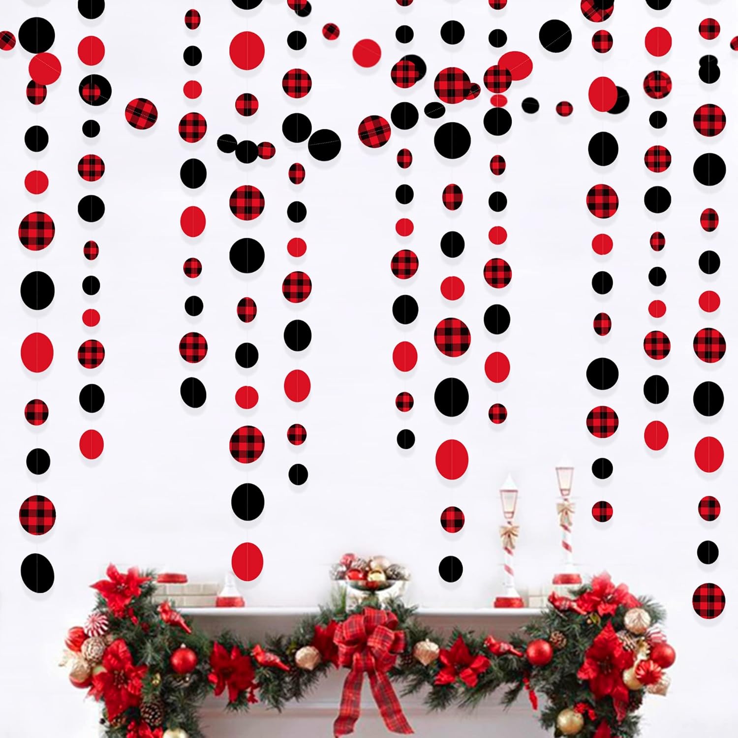 46Ft Buffalo Plaid Polka Dot Garlands Black Red Checkered Paper Circle Dot Streamer Banner for Baby
