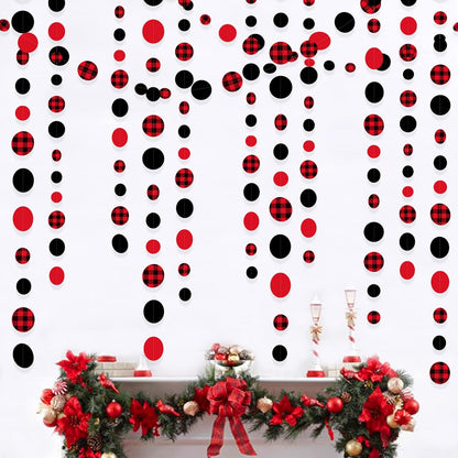 46Ft Buffalo Plaid Polka Dot Garlands Black Red Checkered Paper Circle Dot Streamer Banner for Baby
