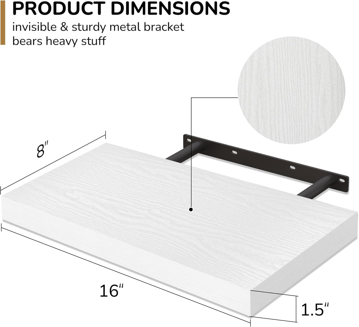 Fun Memories 16 Inch Floating Shelves - Deep Rustic White Wooden Wall Shelves - Extra Deeper &