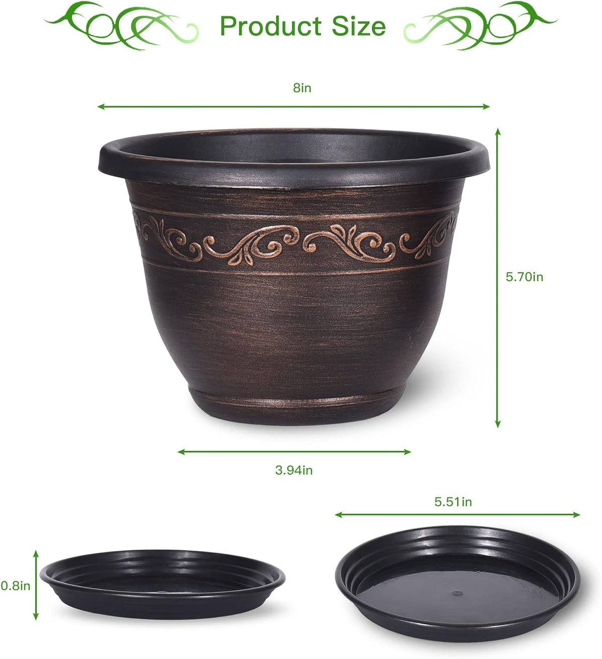 Plastic-Plant-Flower-Planters-8 Inch with Drainage Hole & Saucer, 6 Packs Lightweight Small Resin