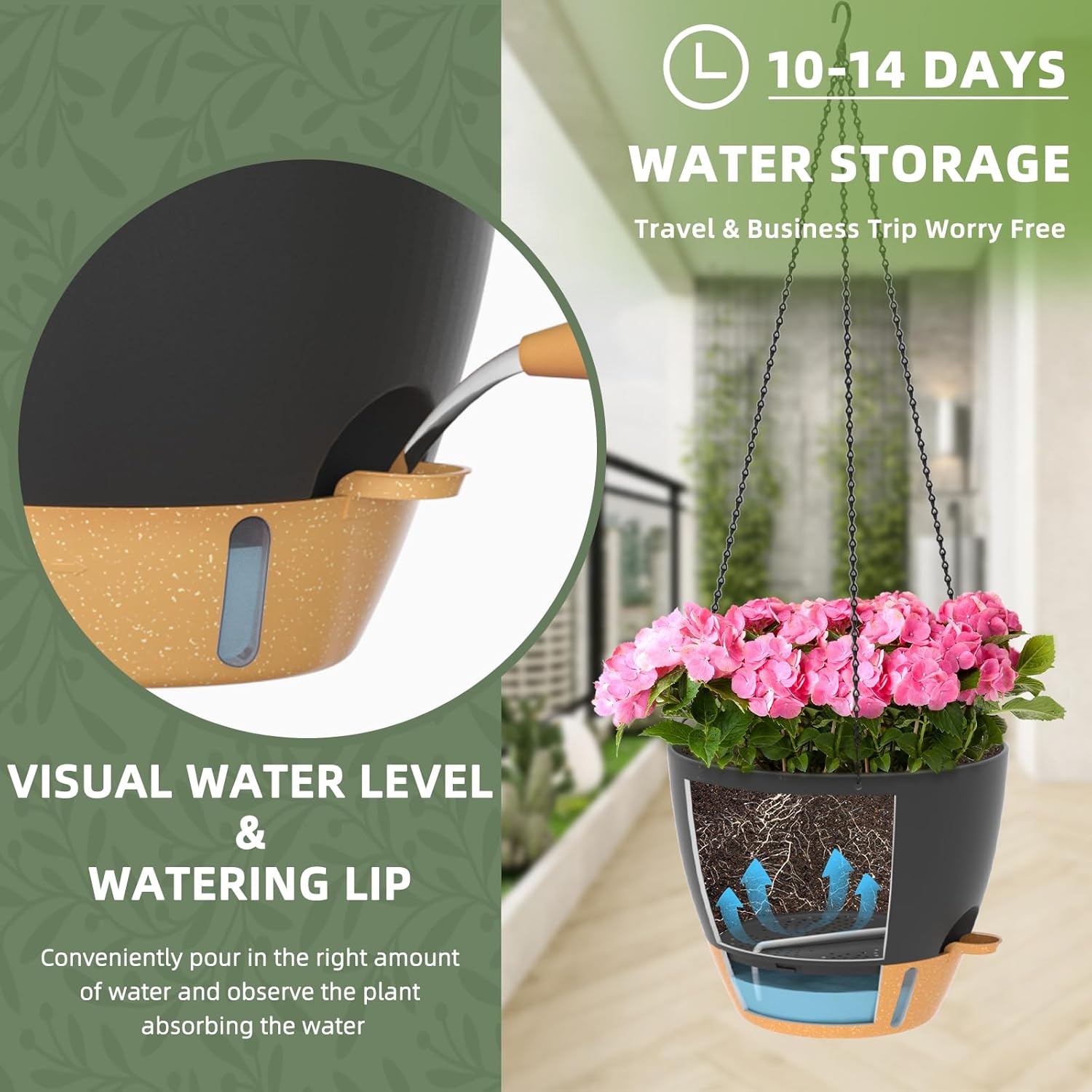 ZMTECH 12 Inch Hanging Planters for Indoor Outdoor Plants, 2 Pack Self Watering Hanging Plant Pots