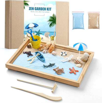 Zen Garden Kit for Desk - Premium Beautiful Japanese Mini Beach Zen Sand Garden Box Decor Set for