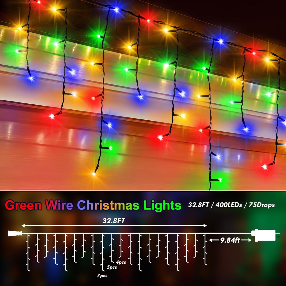 KNONEW 33FT 400 LED Christmas Lights Outdoor Black Wire String Lights with 75 Drops, 8 Lighting