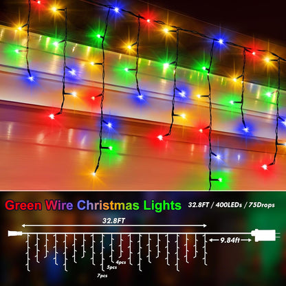 KNONEW 33FT 400 LED Christmas Lights Outdoor Black Wire String Lights with 75 Drops, 8 Lighting