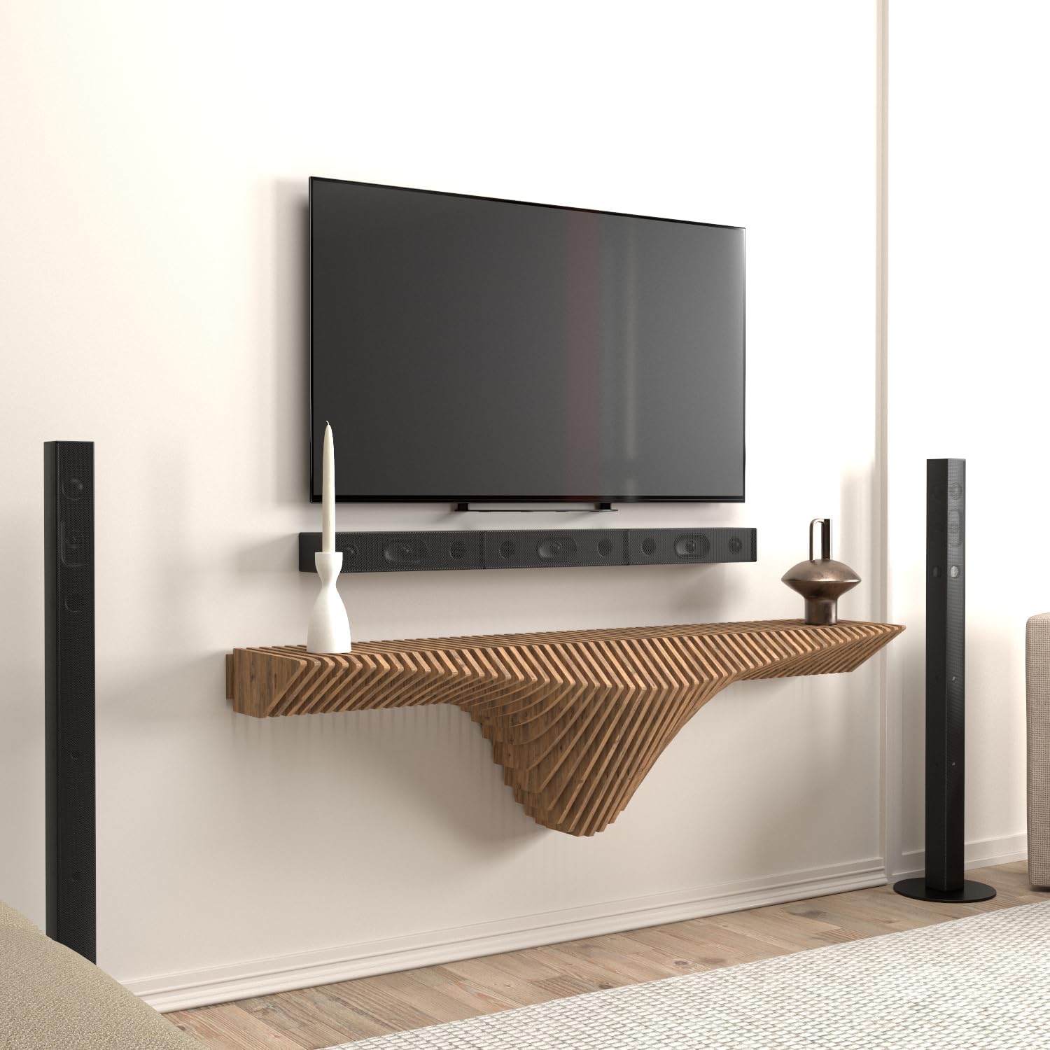 Parametric 50 inch Floating Shelf TV Unit Modern Geometric Wooden Wall Piece Decor Natural Oak