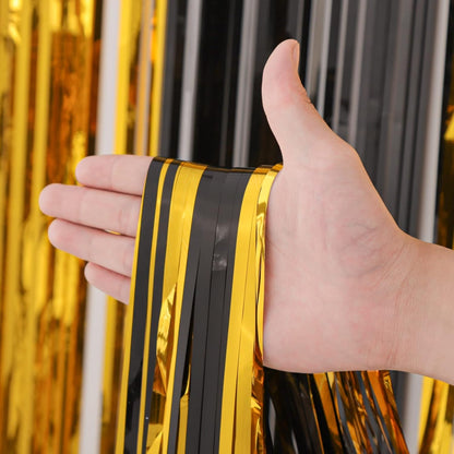 3 Pack 3.3x8.2 Feet Black and Gold Foil Fringe Backdrop Curtains, Tinsel Streamers Birthday Party