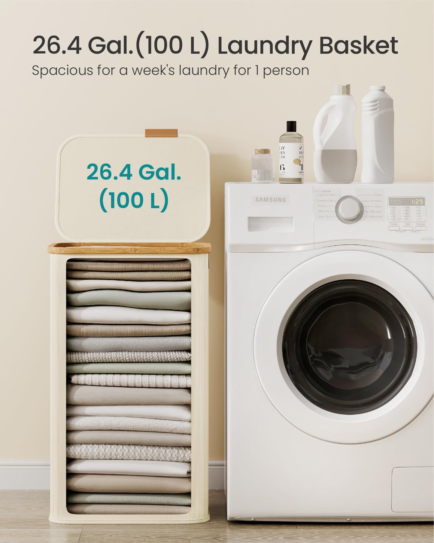 SONGMICS Laundry Hamper, Laundry Basket with Lid, Foldable Storage Basket, Bamboo Frame, for