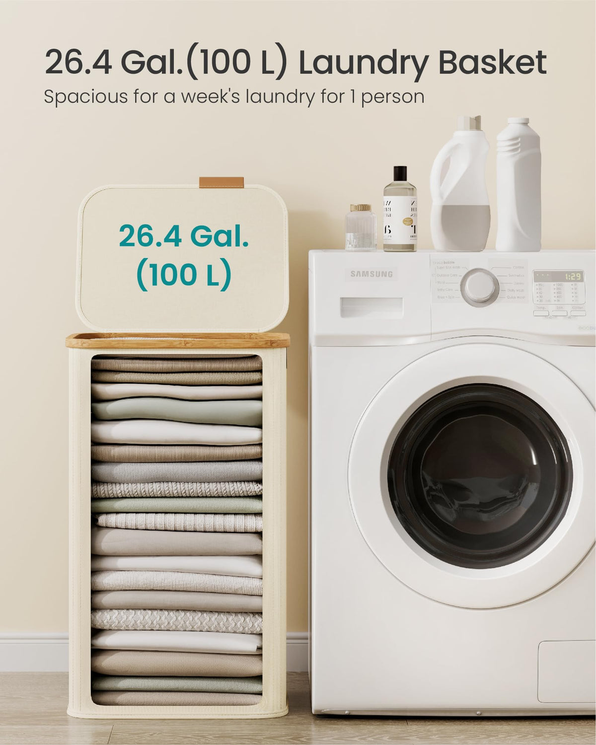 SONGMICS Laundry Hamper, Laundry Basket with Lid, Foldable Storage Basket, Bamboo Frame, for