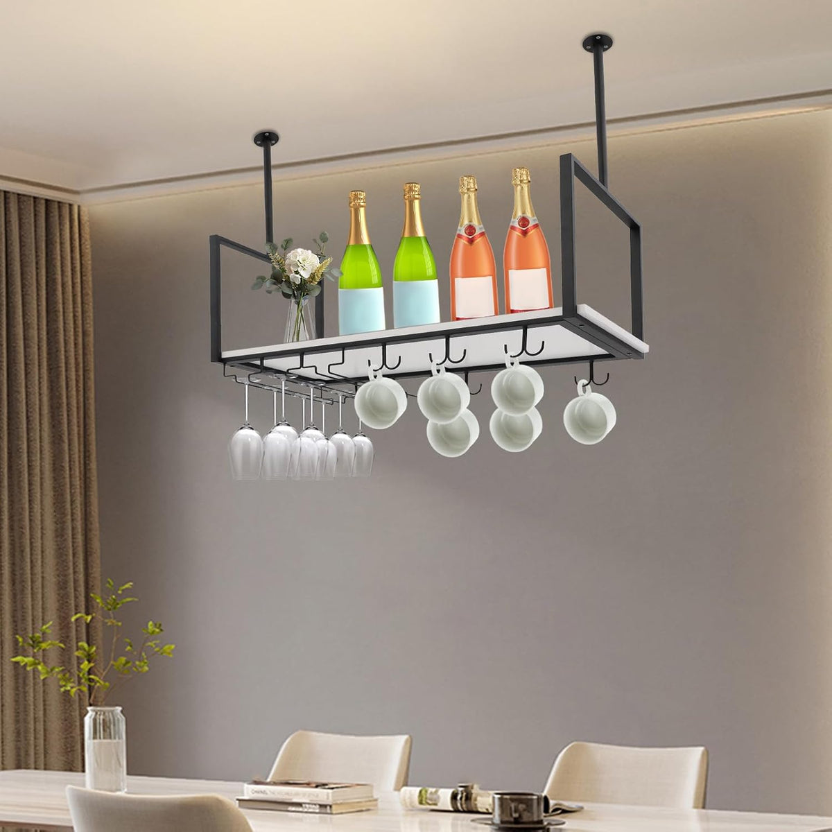 Hanging Wine Rack with Glass Holder and Shelf Metal Ceiling Bar Wine Glass Rack Industrial Wall