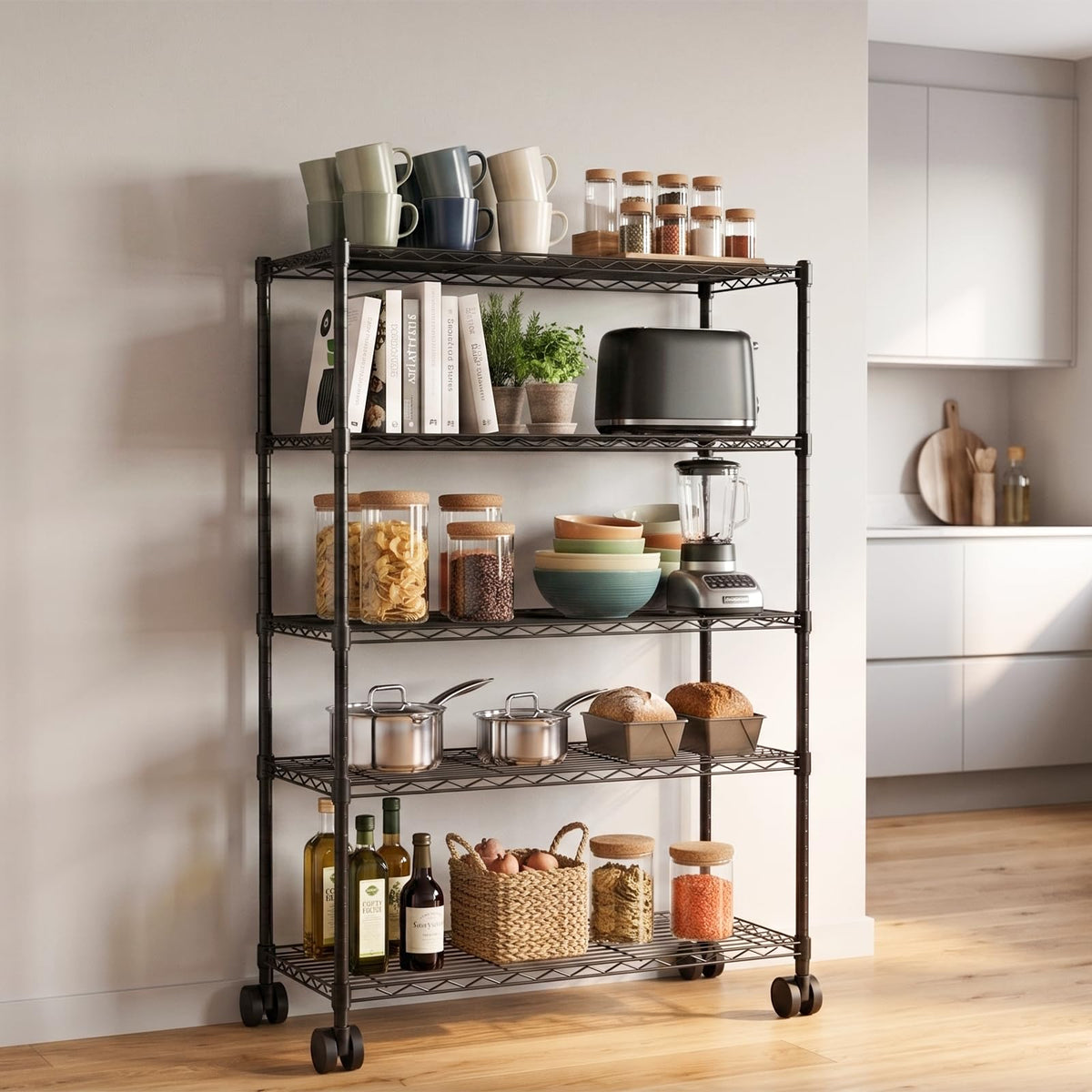 Whitmor 5 Tier Storage Shelves, Adjustable Metal Shelving with Wheels, 200 lbs Capacity per Shelf