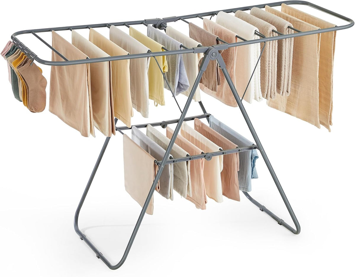 SONGMICS Clothes Drying Rack, with Sock Clips, Metal Laundry Rack, Foldable, Space-Saving