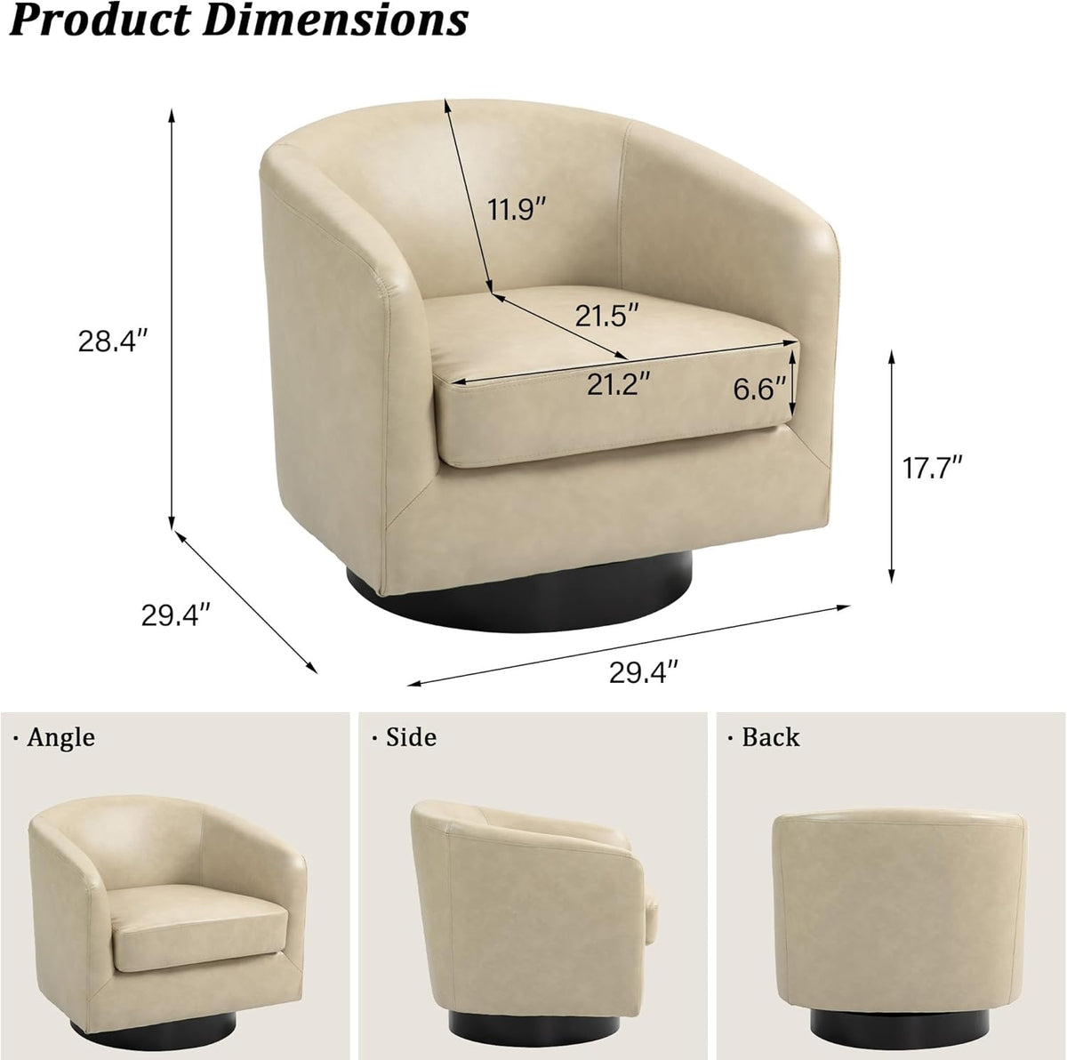 Swivel Barrel Accent Chair, Modern Round Faux Leather Arm Chair for Living Room, Bedroom, Comfy