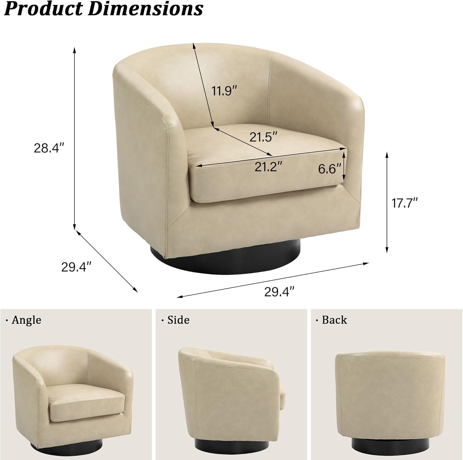 Swivel Barrel Accent Chair, Modern Round Faux Leather Arm Chair for Living Room, Bedroom, Comfy