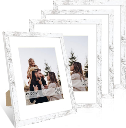 11x14 Picture Frame Set of 4, 11 x 14 Wood Photo Frames with Mat for 8x10, Rustic Natural Wooden