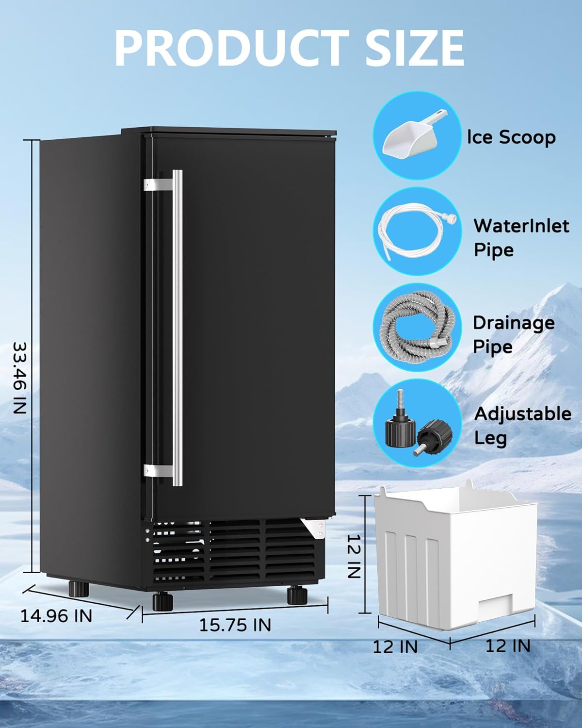 Commercial Ice Maker Machine Reversible Door 120LBS/Day, Undercounter Ice Makers 30LBS Storage Bin
