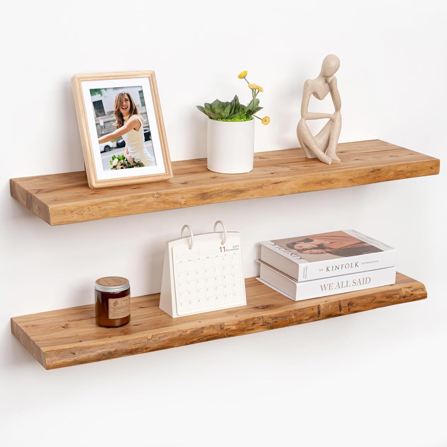 RICHFOCUS Live Edge Elm Floating Shelves - 36" W x 9.3" D Rustic Solid Wood Wall Shelves with