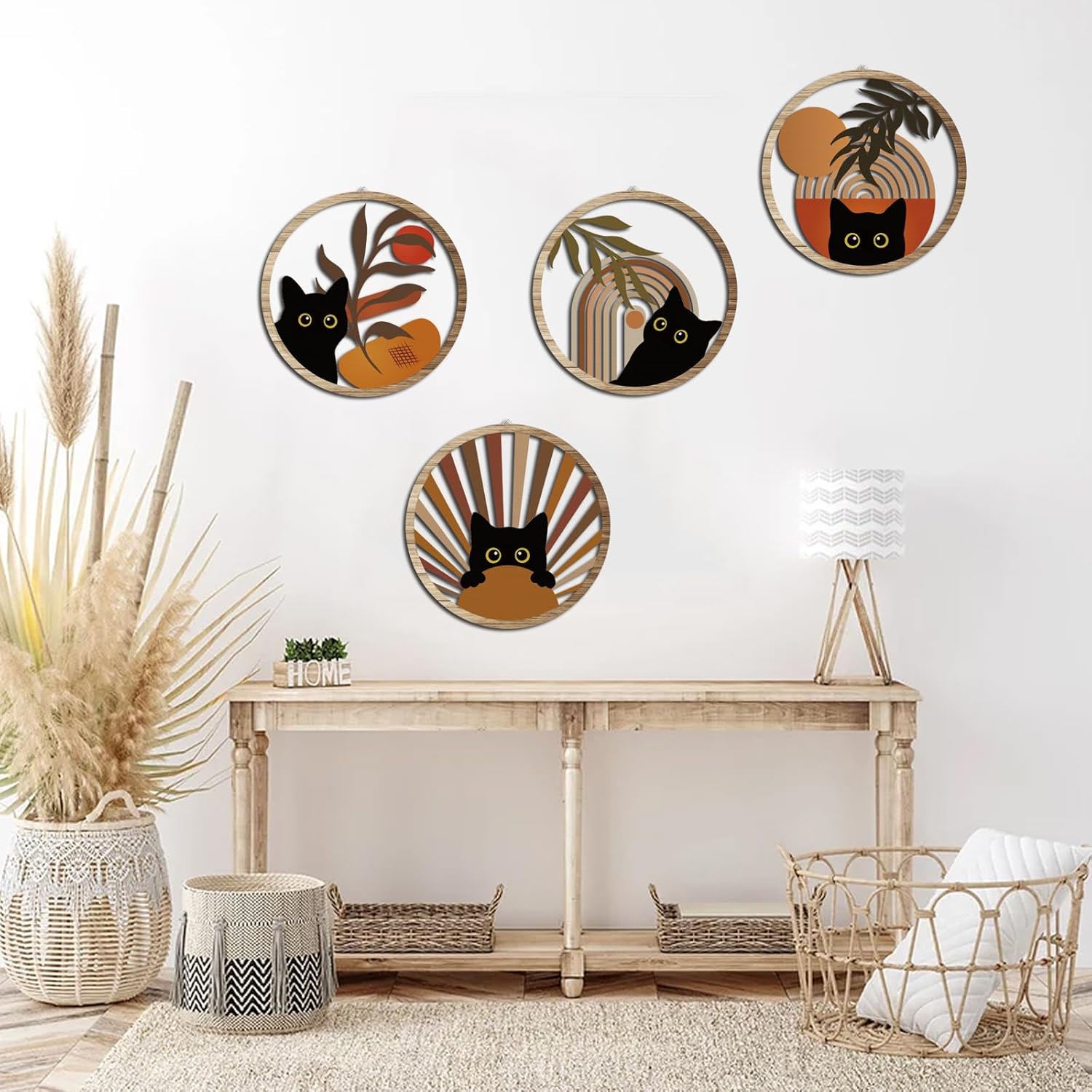 RETRART Boho Black Cat Wall Art Black Cat Room Decor Aesthetic, 4-Piece Farmhouse Geometric Wooden