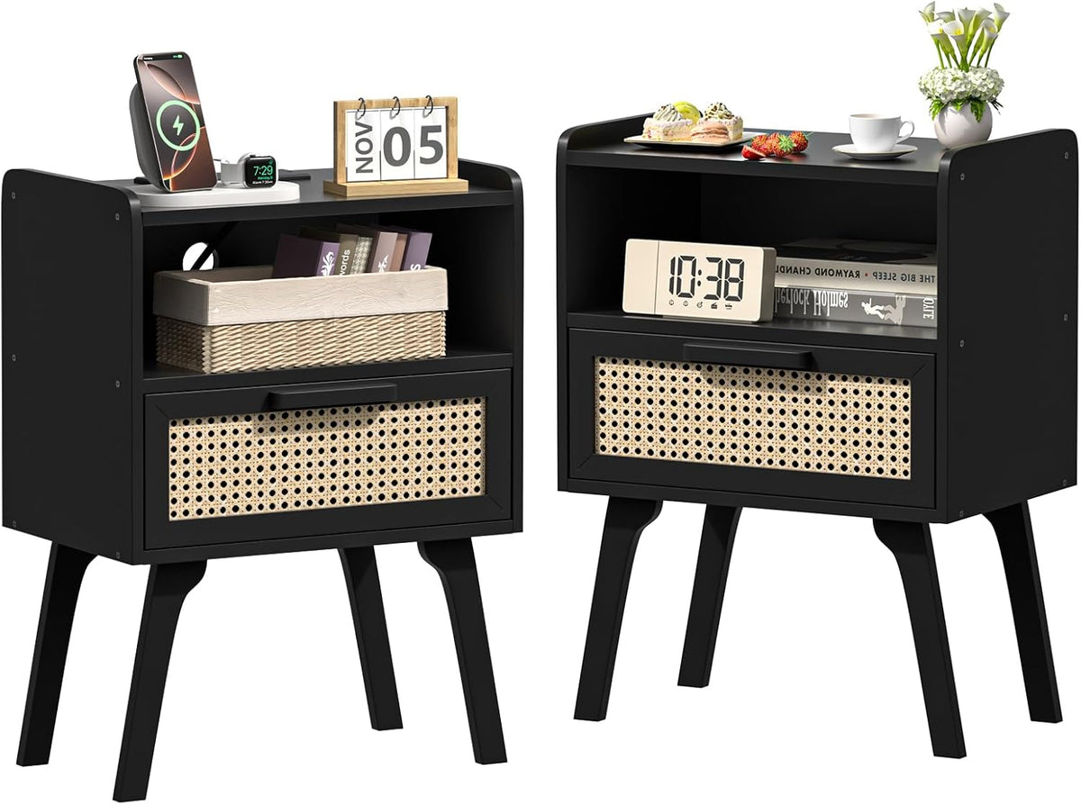 Lerliuo Rattan Nightstands Set of 2, Bedside Table with Drawer Open Shelf, Cane Accent Side End