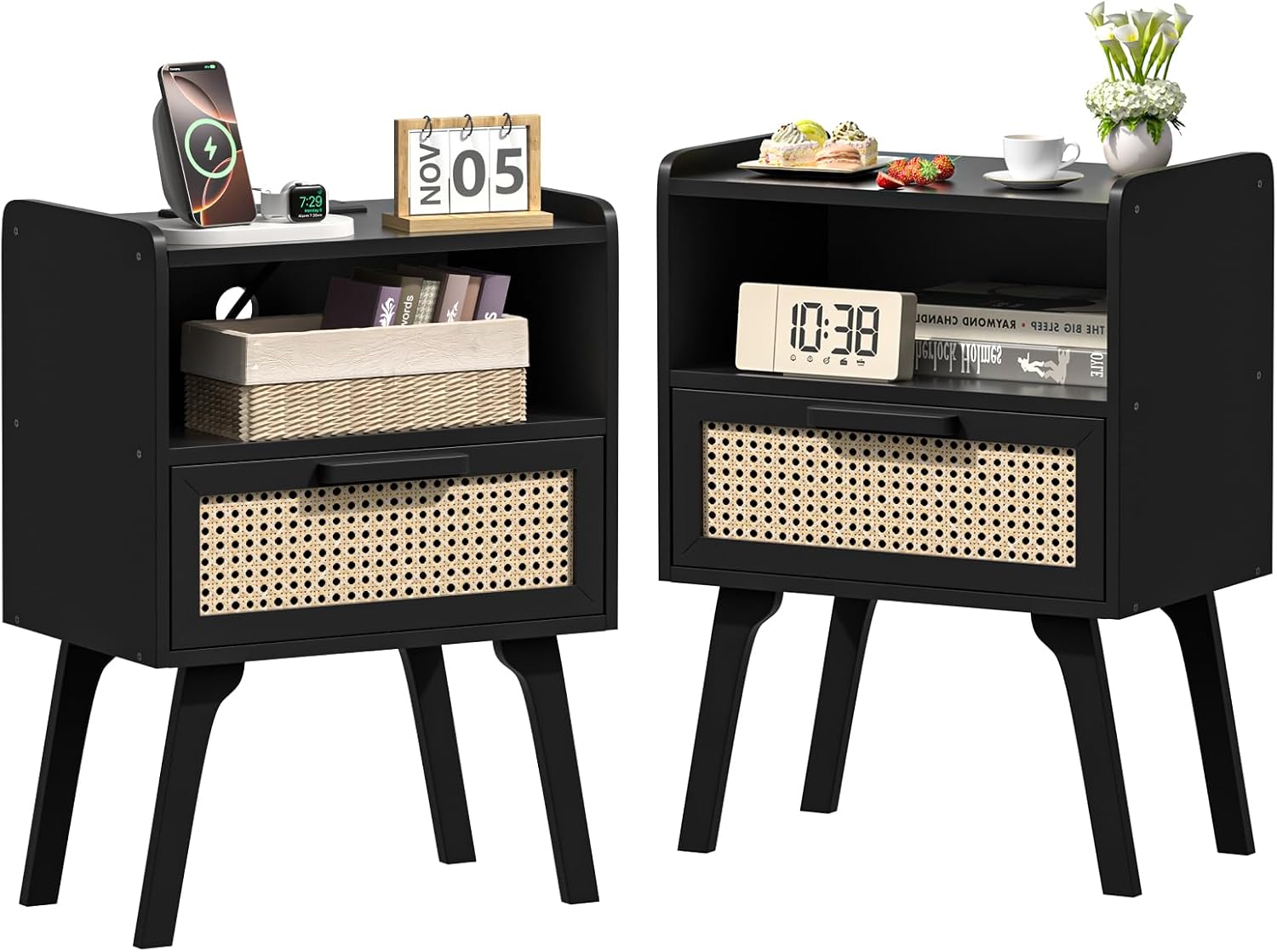 Lerliuo Rattan Nightstands Set of 2, Bedside Table with Drawer Open Shelf, Cane Accent Side End