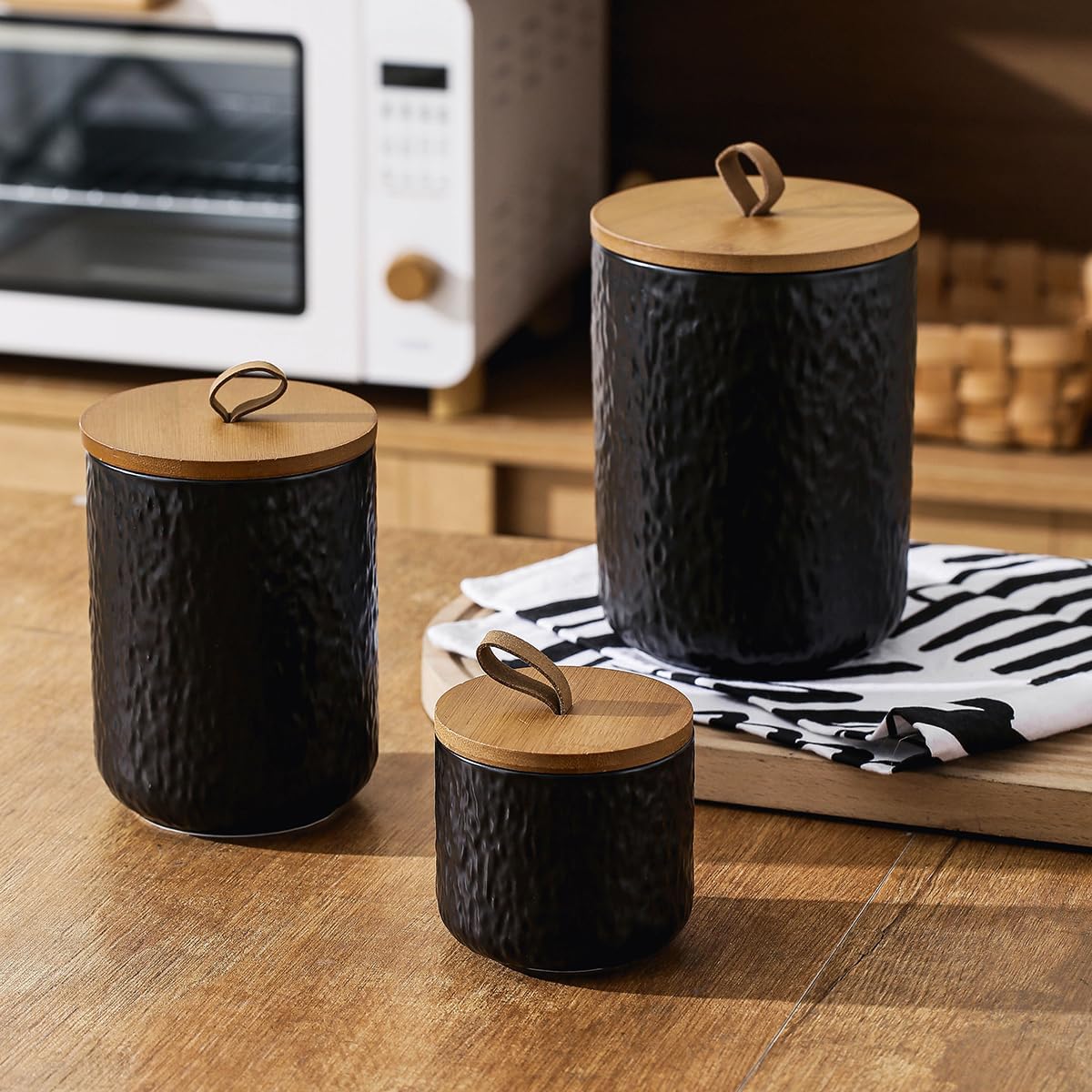Black White Ceramic Coffee Canister Tea Canister with Seal Wood Lid, Airtight Coffee Storage
