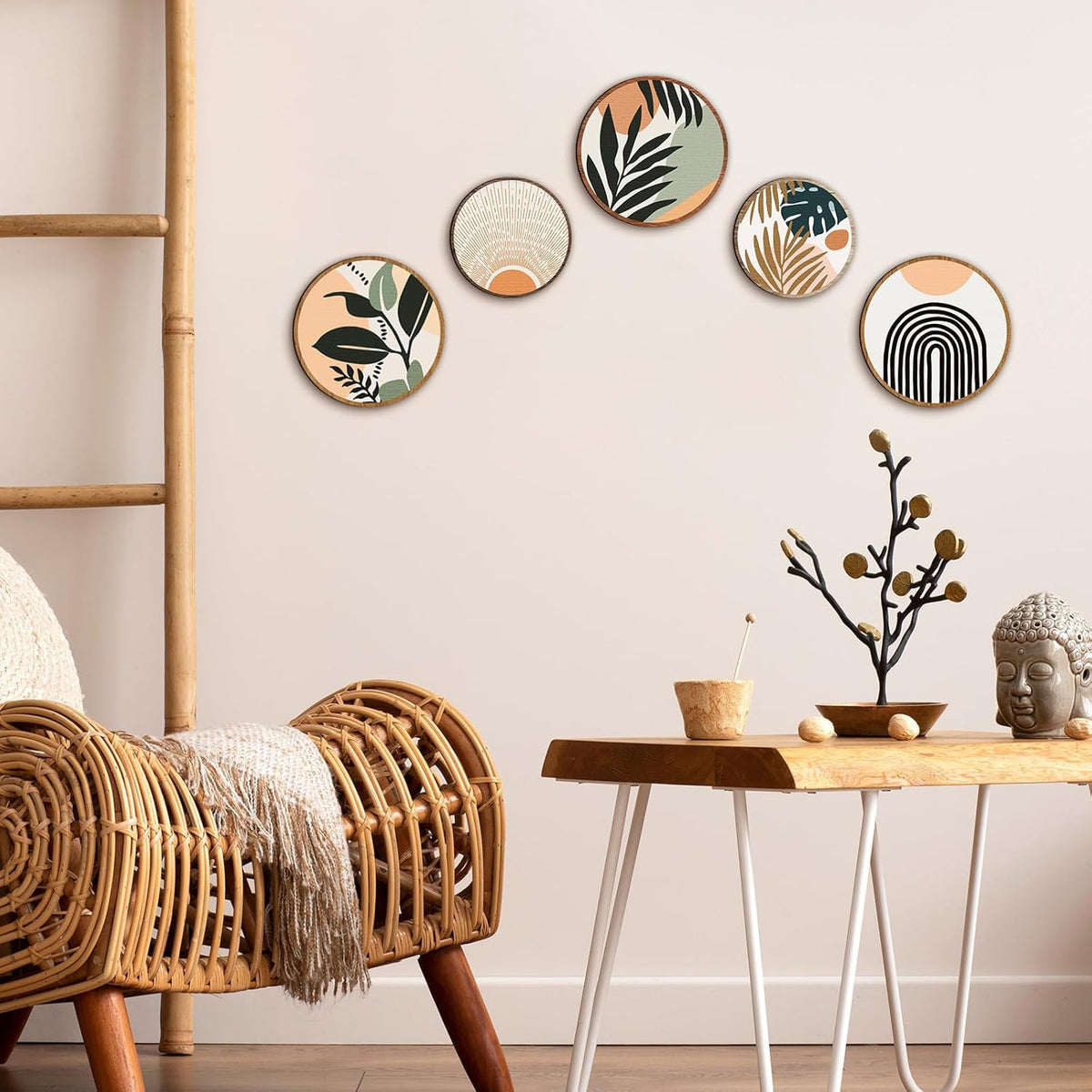 Qunclay 5 Pcs Wall Art Decor Wooden Living Room Wall Decor Bohemian Hanging Farmhouse Geometric
