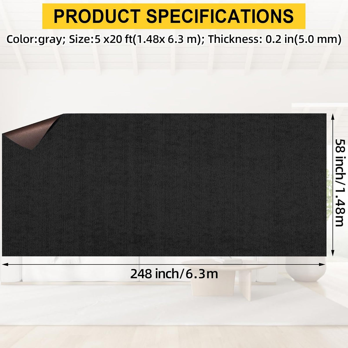 Marine Carpet, 5 FT x 20 FT Black Indoor/Outdoor Carpet, 0.2" Thick, Non-Slip, Waterproof, Machine