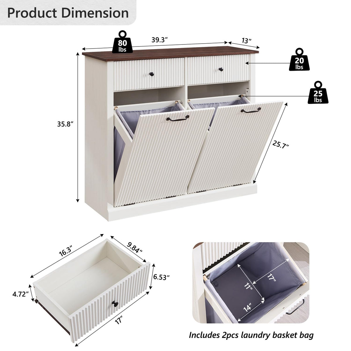 Modern Double Tilt-Out Trash Cabinet, 20 Gallon Fluted Laundry Hamper Cabinet w/2 Drawers, Wooden