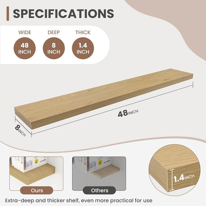48 Inch Floating Shelves, 8 Inch Deep Floating Shelves for Wall, Hanging Shelf with Invisible