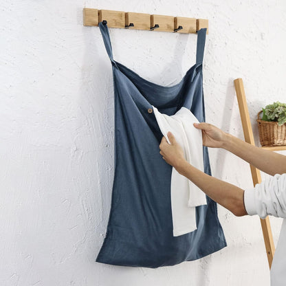 Linen Hanging Laundry Bag, 100% Linen Over The Door Laundry Hamper with Buttons and Zipper, Space