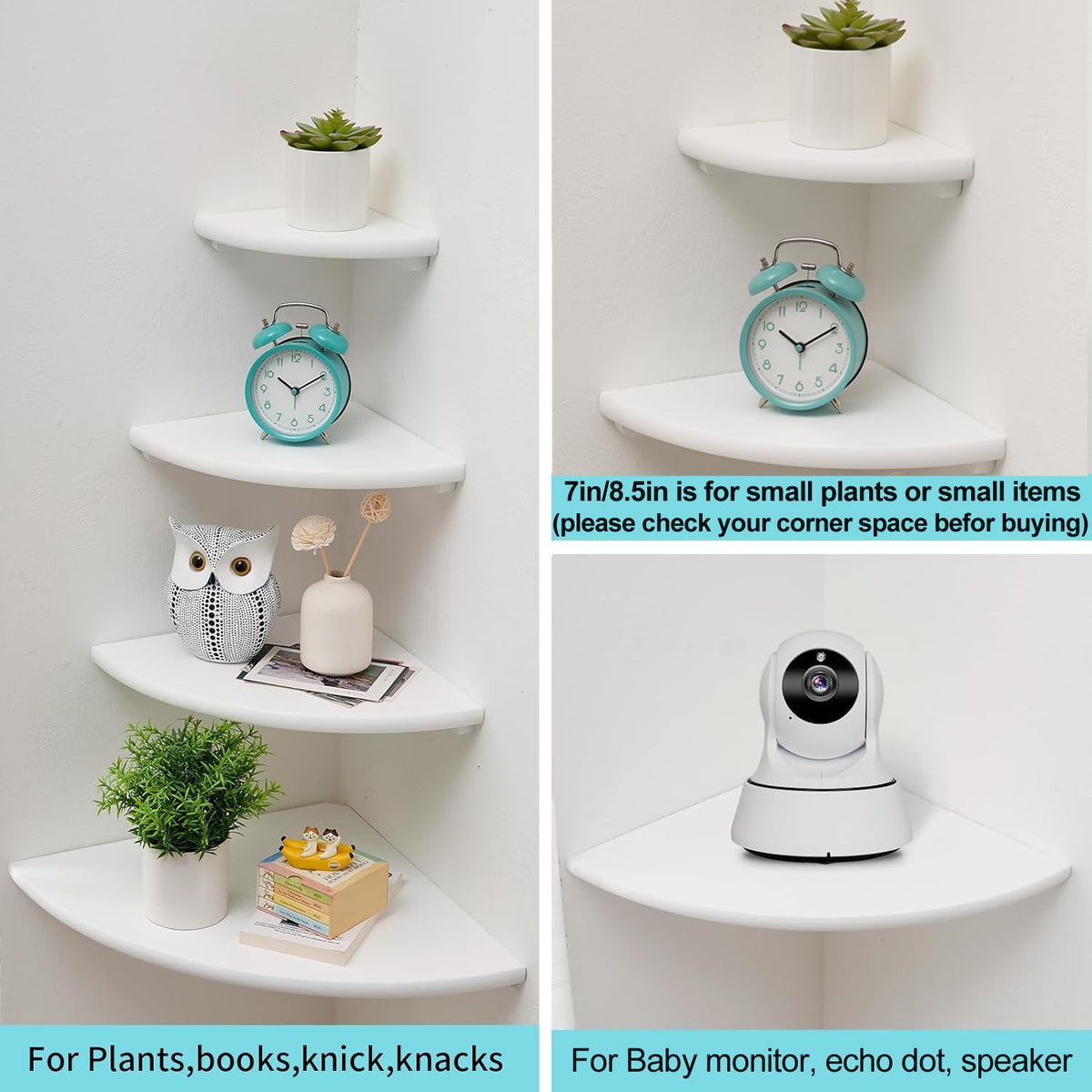 Corner Shelf, White Solid Oak Wood Floating Corner Shelves Wall Mount Round End Floating Speaker