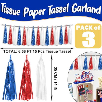 3P Red Blue White Foil Fringe Metallic Tassel Streamers Banner Tassel Garland for Parade Floats