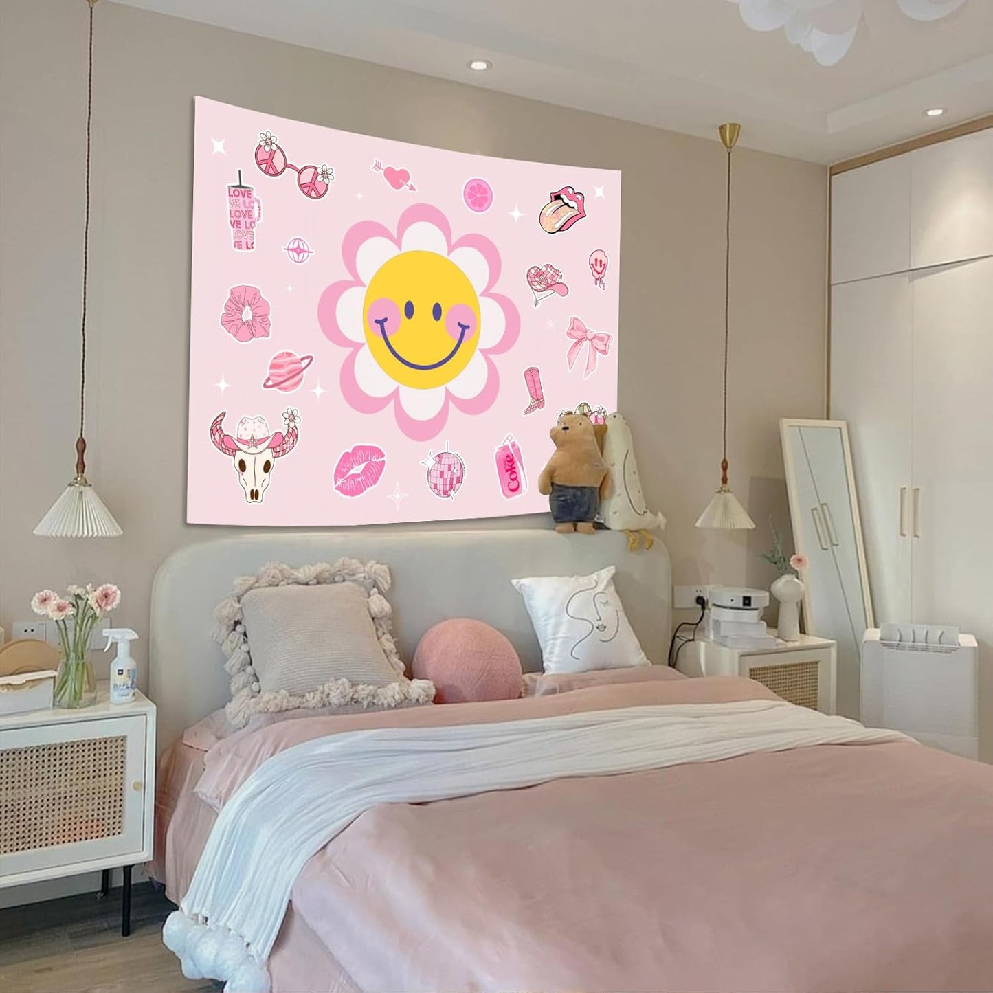 Lunerfex Y2K Tapestry Pink Sun Wall Tapestry, Cute Tapestries for Bedroom Funny Tapestries Wall
