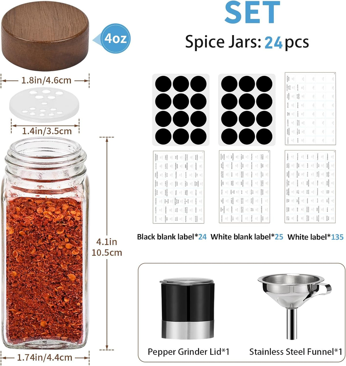 Yangbaga 24Pcs Glass Spice Jars with Labels-4oz Acacia Wood Lid Square Spice Containers and 2pcs