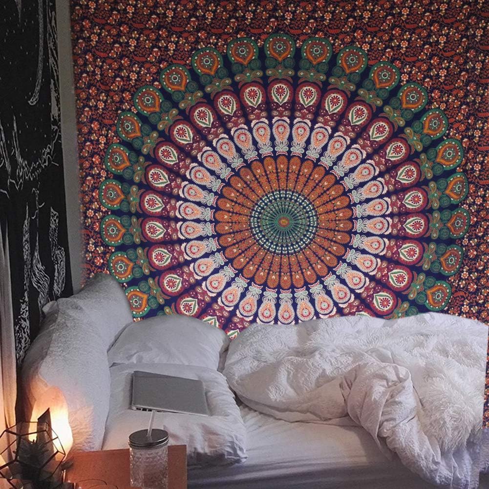 Raajsee Mandala Tapestry Wall Hanging – Blue Orange, 100% Cotton, Boho Hippie Decor, Twin Size