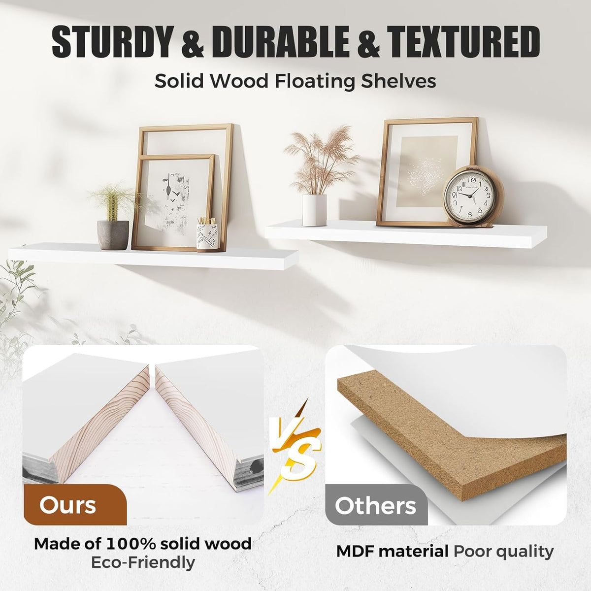 Floating Wall Shelves 4-Pack - Rustic White 16-inch Wooden Wall Shelves for Storage and Décor