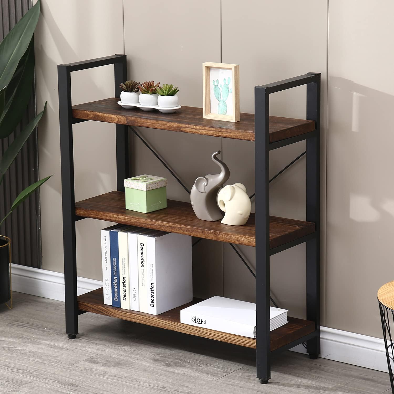 Natural Real Solid Wood Bookcase,3 Tier Metal and Wood Open Book Shelf Storage Farmhouse Wide