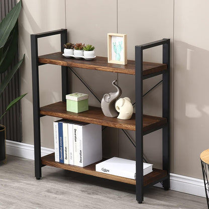 Natural Real Solid Wood Bookcase,3 Tier Metal and Wood Open Book Shelf Storage Farmhouse Wide