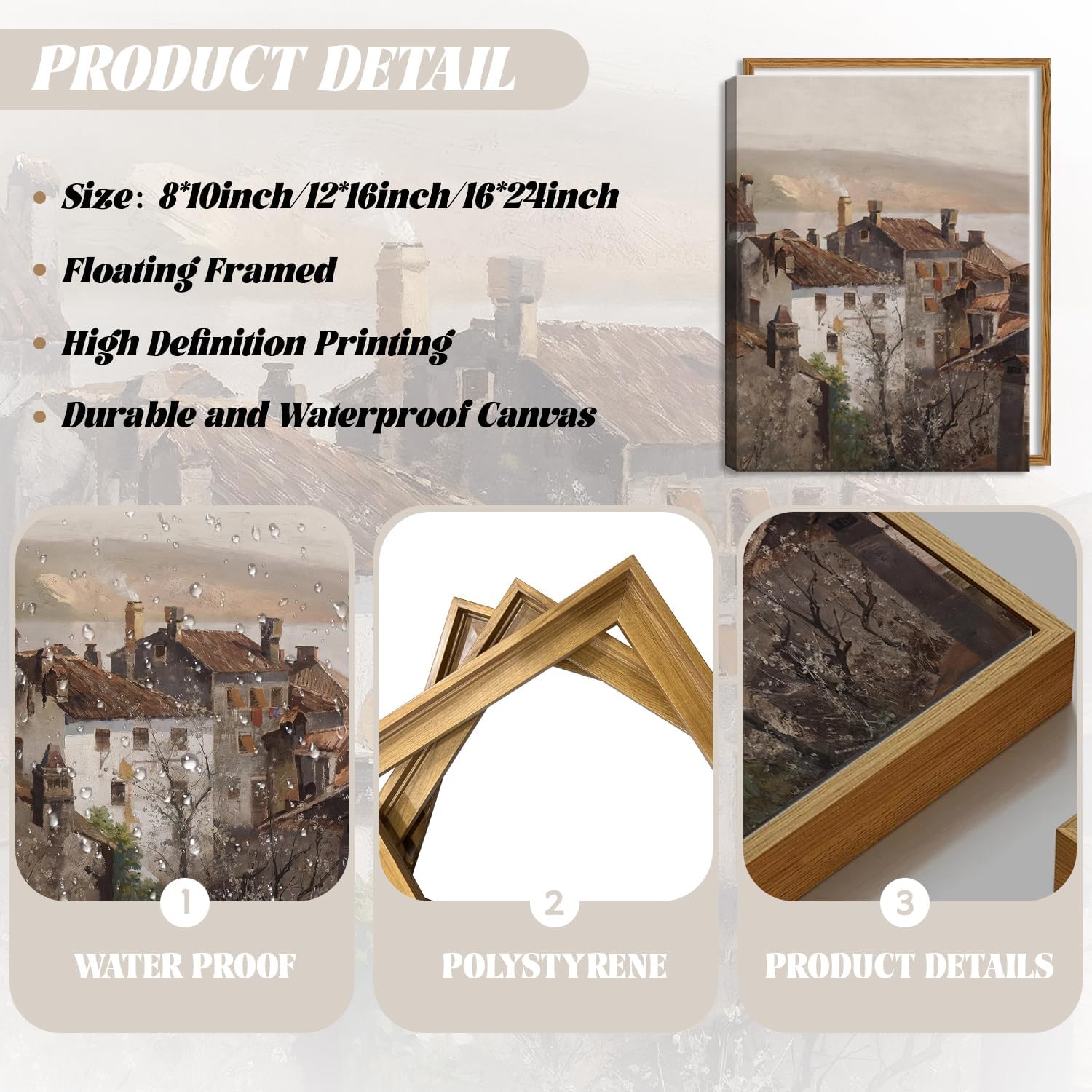 Floating Framed Vintage Canvas Wall Art, European Country Towns Wall Decor Oil Paintings Artwork