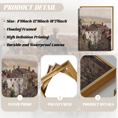 Floating Framed Vintage Canvas Wall Art, European Country Towns Wall Decor Oil Paintings Artwork