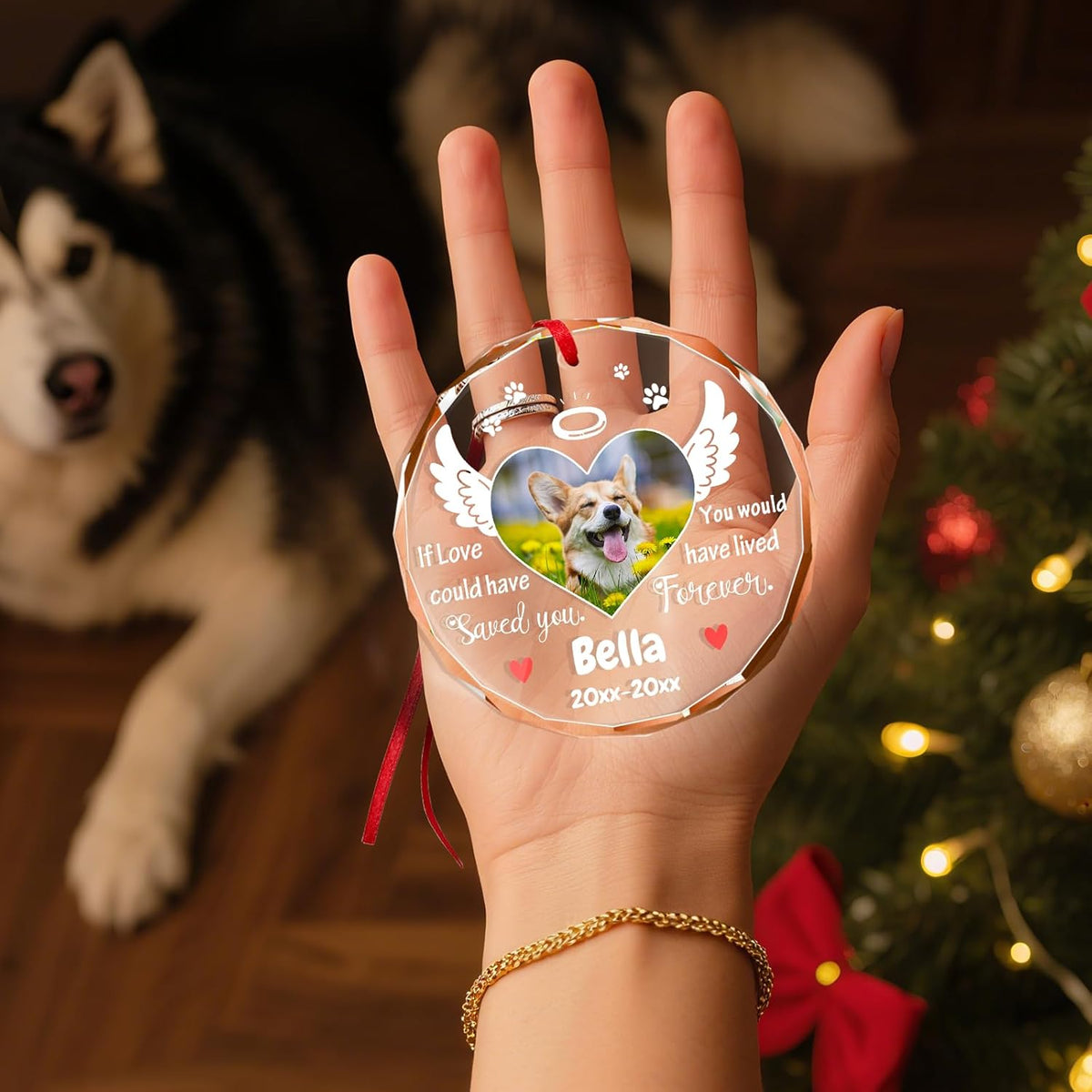 Personalized Memorial Pet Glass Ornament - Custom Picture Christmas Ornaments, Dog Forever in Our