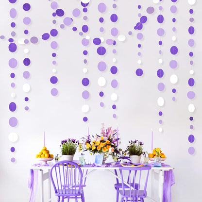 46 Ft Purple and White Circle Dots Garland Lavender Hanging Paper Polka Dot Streamer for Birthday