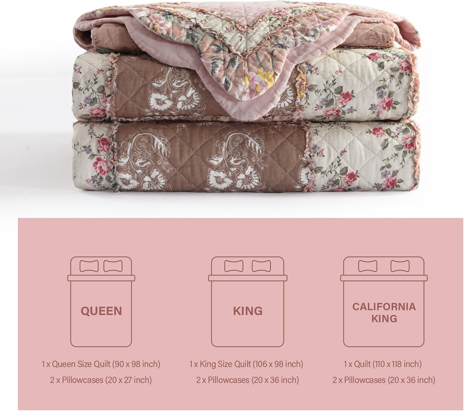 NEWLAKE Quilt Set Queen Size, Cotton Patchwork Pink Floral Quilt Sets, Real Stitched Embroidery
