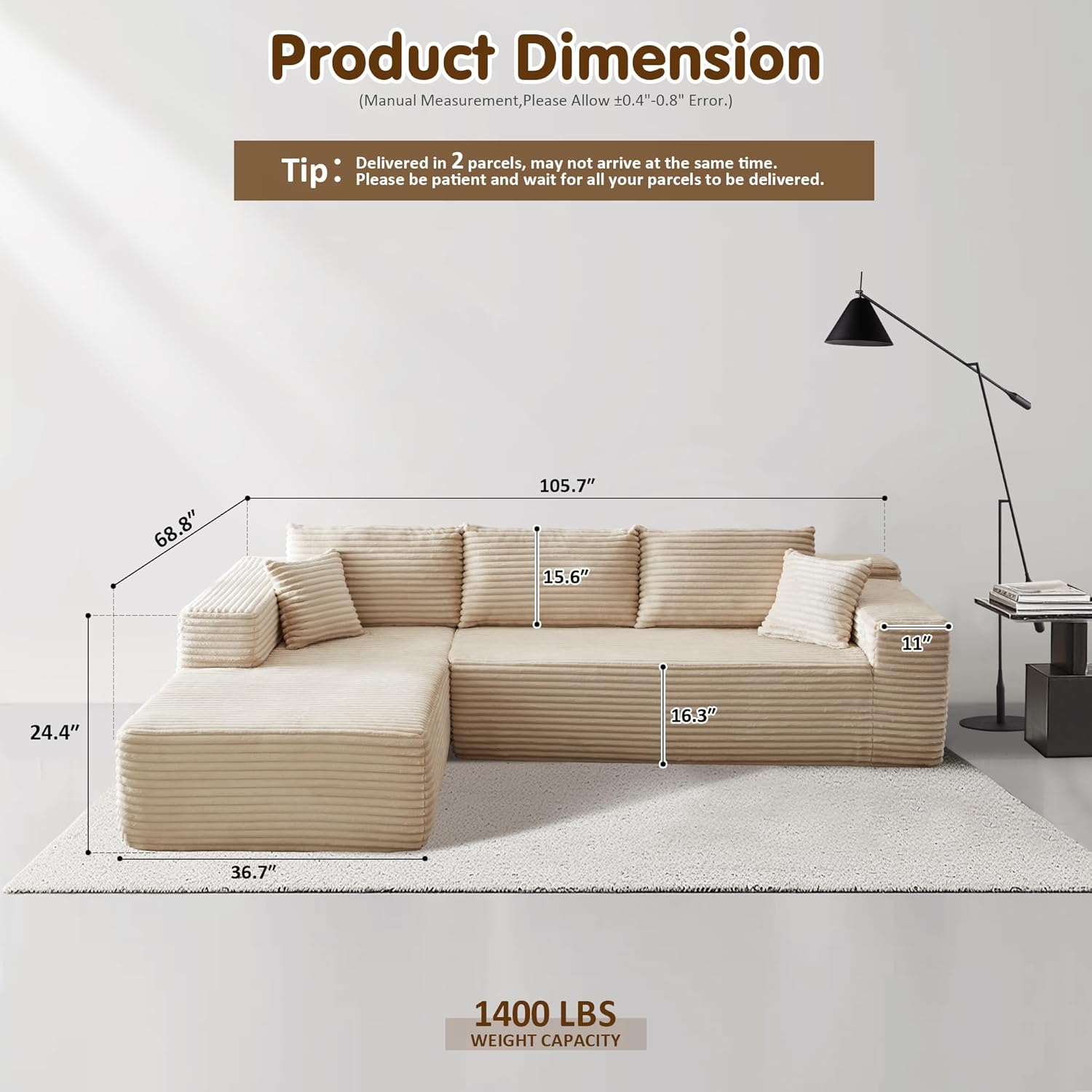 ovios 104" Cloud Sectional Couch with L-Shape Chaise,Modern Modular Sofa with Deep Seat