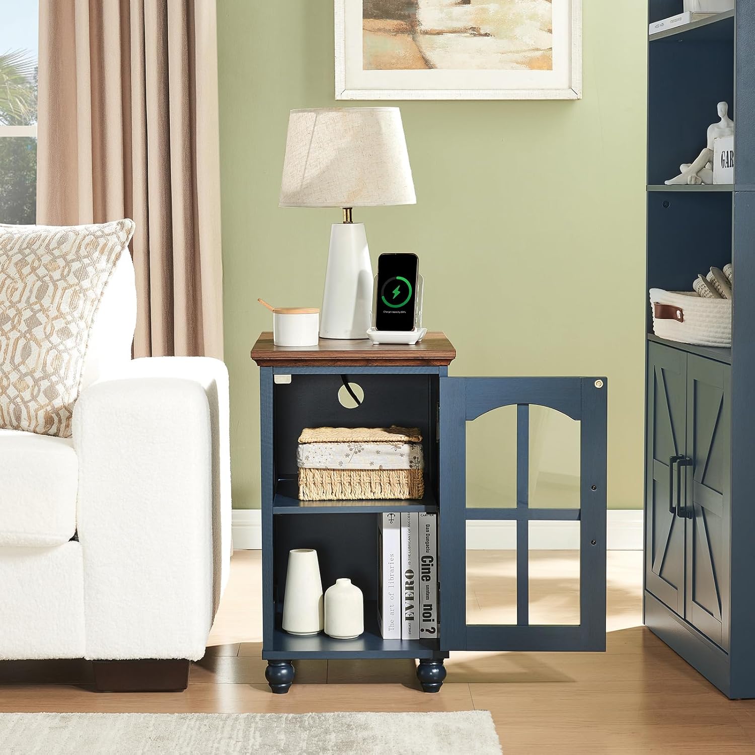 Narrow Side Table Set of 2,Farmhouse Nightstand with Charging Station,End Table with Glass Barn